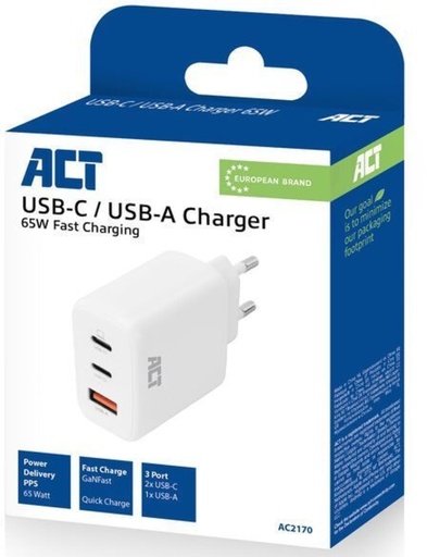 [1468896] Oplader ACT 65W 3-poorts USB-C USB-A PD QC Ganfast
