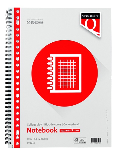 [091249] Collegeblok Quantore A4 ruit 5mm 23-gaats 100 vel 70gr