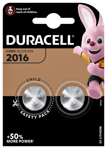 [413634] Batterij Duracell knoopcel 2xCR2016 lithium Ø20mm 3V-90mAh