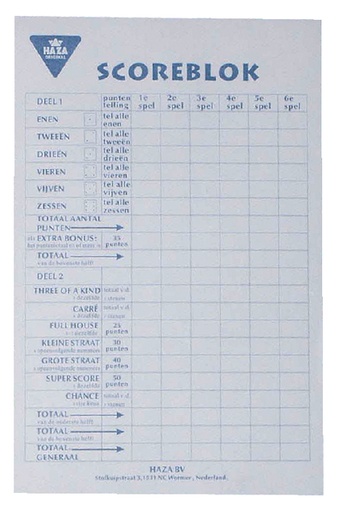 [099991] Scoreblok Yahtzee 94x145mm 250 vel