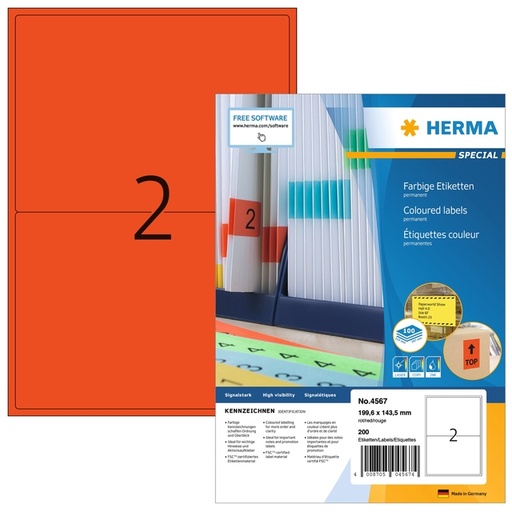 [1431156] Etiket HERMA 4567 199.5x143.5mm rood 200 etiketten