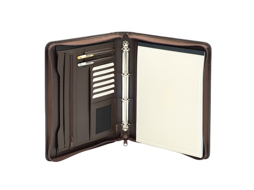 [513056] Schrijfmap van der Spek A4 4-rings 25mm O-mechaniek + rits leer met nerf bruin