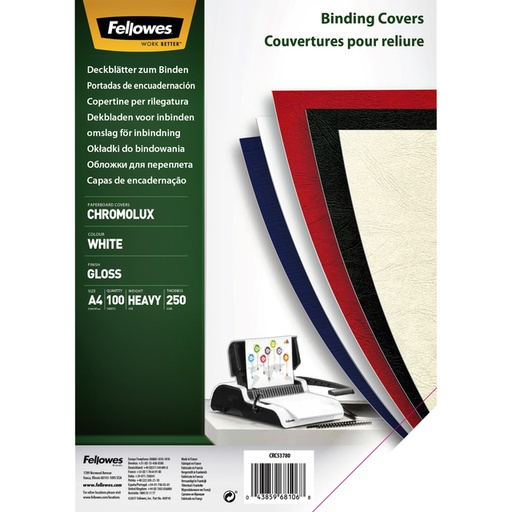 [535229] Voorblad Fellowes A4 Chromolux 250gr wit 100 stuks