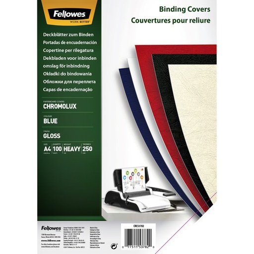 [535231] Voorblad Fellowes A4 Chromolux 250gr blauw 100 stuks