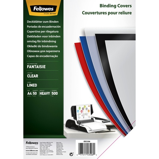 [535235] Voorblad Fellowes A4 PP 500micron transparant lijnen 50 stuks