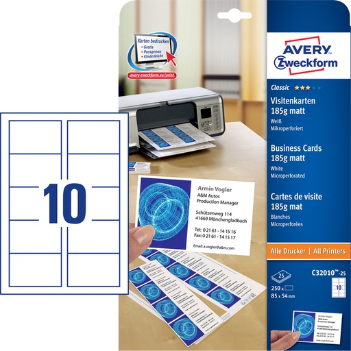 [541408] Visitekaart Avery Zweckform C32010-25 85x54mm 185gr 250stuks